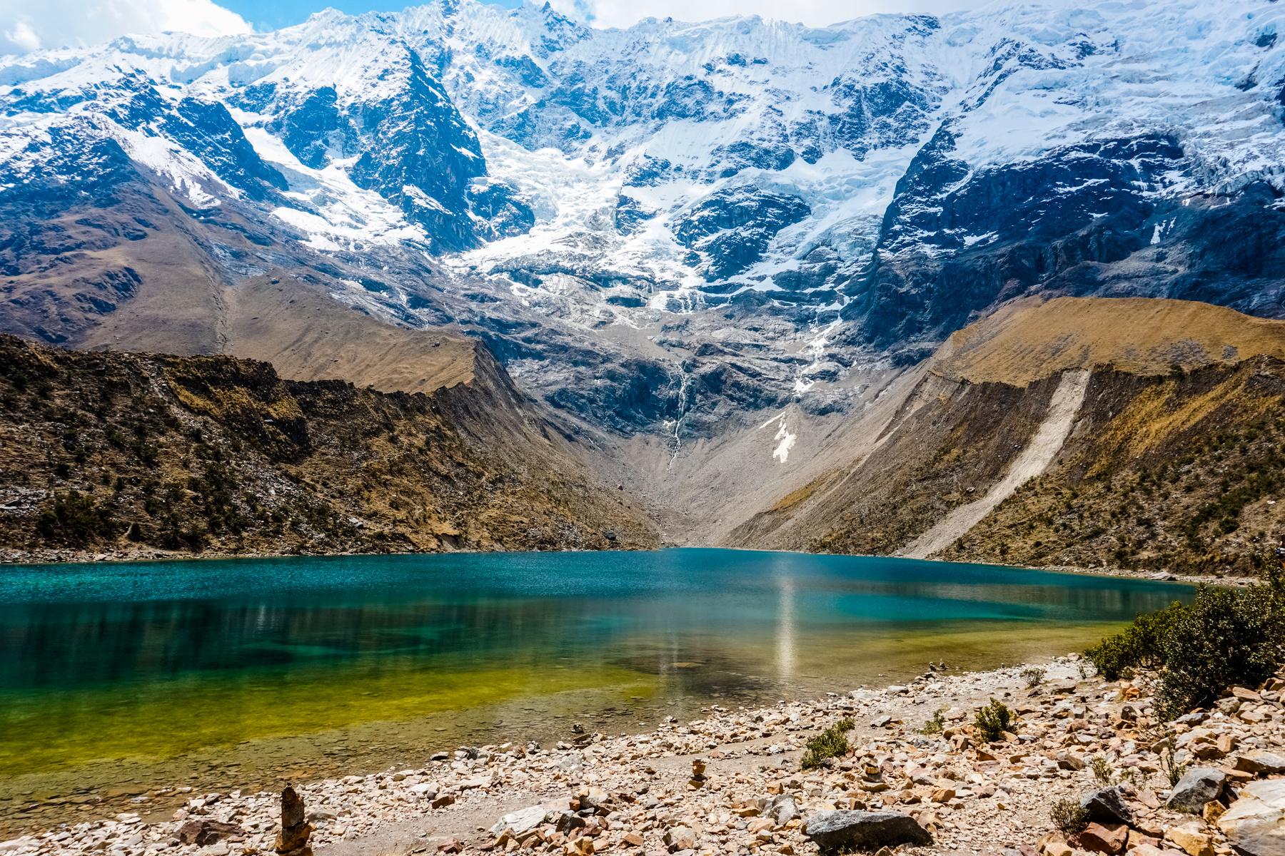 Humantay Lake with snowy Andean mountains, Cusco, Peru.